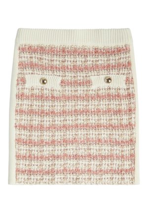 Tweed Minirock in Creme und Pastellrosa mit geripptem Bund, ausgestattet mit zwei vorderen Taschen mit goldfarbenen Knopfdetails.
