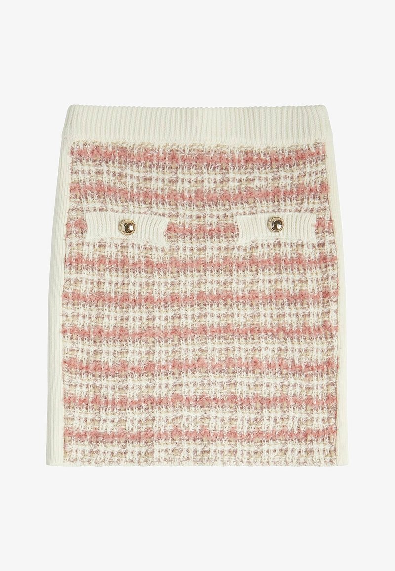 Mini-jupe en tweed crème et rose pastel avec taille côtelée, comportant deux poches avant ornées de boutons dorés.