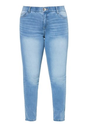 Jasnoniebieskie obcisłe jeansy z elastycznym pasem, zapięciem na guziki z przodu oraz wyblakłymi detalami na udach i kolanach.