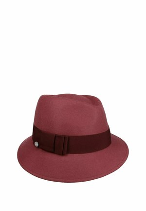 Burgundy felt fedora hat with wide brim and dark brown ribbon band featuring a small round metal emblem on the side.