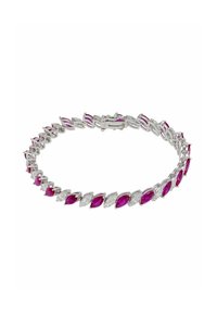 Silver bracelet featuring alternating marquise-cut pink and clear stones, with a polished finish and a secure clasp closure.