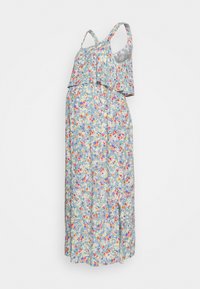 Vestido maxi floral com um fundo azul claro, parte superior em camadas e alças ajustáveis. Apresenta pequenas flores multicoloridas por toda a peça.