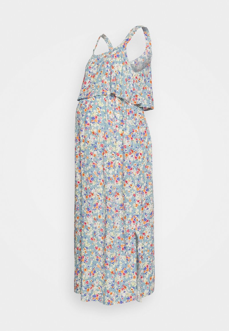 Vestido maxi floral com um fundo azul claro, parte superior em camadas e alças ajustáveis. Apresenta pequenas flores multicoloridas por toda a peça.