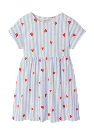 Blue and white vertical striped short-sleeve dress with scattered small red heart prints, gathered waist, and round neckline.