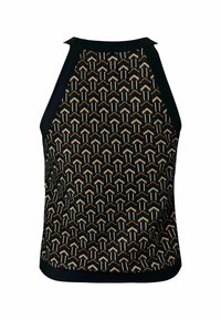 Černý a zlatý vzorovaný tílko má geometrický design, kontrastní černé pevné průramky a zaoblený lem.