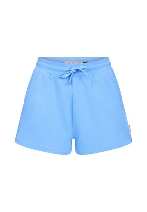 Lichtblauwe casual shorts met elastische tailleband en trekkoord, gemaakt van zachte stof, afgebeeld tegen een witte achtergrond.