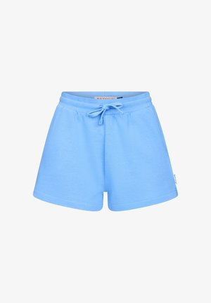 Jasnoniebieskie, casualowe szorty z elastycznym pasem i sznurkiem, wykonane z miękkiej tkaniny, na białym tle.