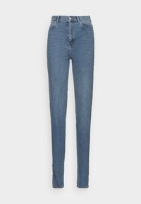 Hoge taille blauwe jeans met een slim fit, gemaakt van denim, voorzien van een knoop- en ritssluiting, vijf zakken en contrasterende stiksels.