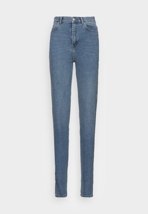 Hoge taille blauwe jeans met een slim fit, gemaakt van denim, voorzien van een knoop- en ritssluiting, vijf zakken en contrasterende stiksels.