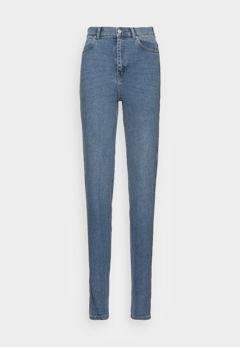 Hoge taille blauwe jeans met een slim fit, gemaakt van denim, voorzien van een knoop- en ritssluiting, vijf zakken en contrasterende stiksels.