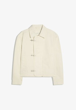 Off-white Jacke mit Kragen und drei silbernen Knebelverschlüssen vorne, mit zwei Seitentaschen und langen Ärmeln.