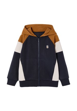 Zip-up hoodie for kids in navy, brown, and beige color blocks with long sleeves, front pockets, and a small logo on the chest.