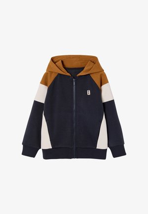 Zip-up hoodie for kids in navy, brown, and beige color blocks with long sleeves, front pockets, and a small logo on the chest.