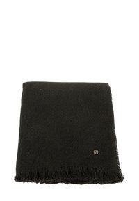 Coperta nera tessuta con un motivo a spina di pesce, rifinita con bordi frangiati e un piccolo logo. Tessuto morbido e dalla texture interessante.