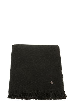 Coperta nera tessuta con un motivo a spina di pesce, rifinita con bordi frangiati e un piccolo logo. Tessuto morbido e dalla texture interessante.