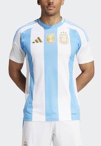 Argentinas landslagströja med blå och vita vertikala ränder, Adidas-logotyp, gyllene FIFA-emblem och texturerade tygdetaljer.