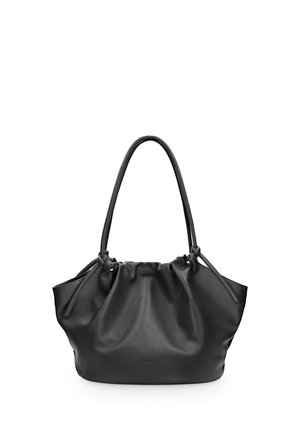 Schwarze Lederhandtasche mit gerafftem oberen Teil, zwei langen Henkeln und einer weichen, lässigen Form vor weißem Hintergrund.