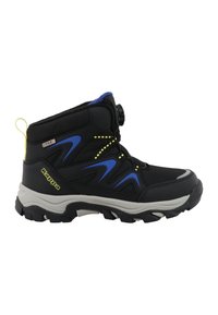 Črne mid-top zunanji čevlji s modrimi poudarki, rumenim detajlom, teksturirano zgornjim delom in gumijastim podplatom. Omogoča zapiranje s številčnikom za varno prileganje.
