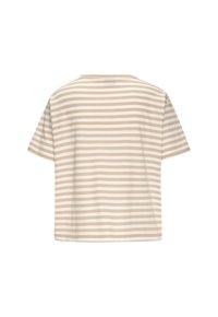 Striped t-shirt in light beige and white. Short sleeves, round neckline, relaxed fit, soft cotton texture, straight hem.