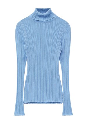Light blue, ribbed turtleneck sweater with long sleeves. Features a fitted design, soft texture, and a slightly frayed hem.