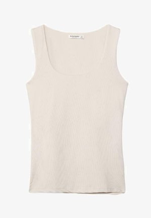 Kremasta brezrokavna pletena majica z rebrasto strukturo, okroglim izrezom in ravnim robom.