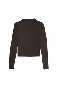 Braunes Langarmoberteil mit hohem Kragen, hergestellt aus weichem Stoff, mit figurnahem Schnitt und cropped Saum. Glatte Textur, keine sichtbaren Muster.