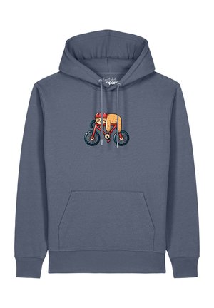Blauer Hoodie mit Fronttasche und Kordeln, mit einem Comic-Faultier, das mit Helm auf einem roten Fahrrad schläft.