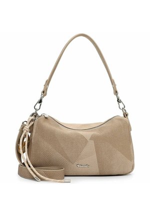 Sac à main beige texturé avec fermeture éclair argentée, bandoulière amovible, poignée courte et doubles anneaux décoratifs sur le côté.