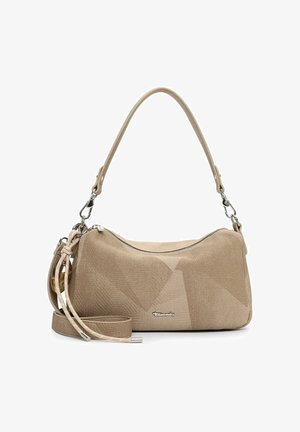 Bolso beige con textura, cremallera plateada, correa de hombro desmontable, asa corta y anillos dobles decorativos en el lateral.