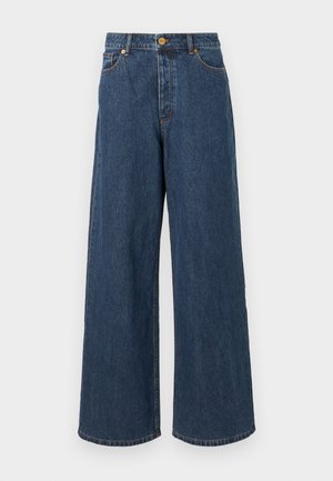 Džíny s širokými nohavicemi v tmavě modré barvě, vysokým pasem, předním zapínáním na knoflík a klasickým pětivreckovým designem s jemným prošíváním.