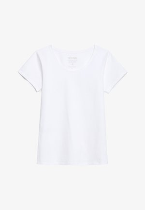 Prosty biały t-shirt z krótkim rękawem i okrągłym dekoltem, przedstawiony na płasko na białym tle.