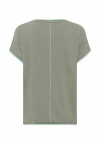 Short-sleeve T-shirt in light green with a smooth texture. Features contrasting mint green trim along the neckline and sleeves. Simple design.
