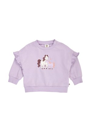 Liliowa bluza dla malucha z długim rękawem, z falbankami i haftowanym wzorem dwóch jednorożców z płynącymi grzywami na przodzie.