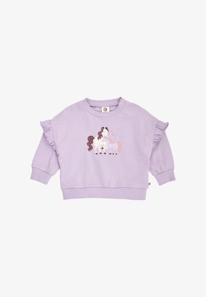 Fliederfarbenes Sweatshirt für Kleinkinder mit langen Ärmeln, Rüschendetails und einer Stickerei mit zwei Einhörnern mit wehenden Mähnen auf der Vorderseite.