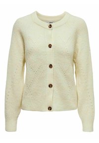 Cream-colored knitted cardigan with a round neckline, six brown buttons, ribbed cuffs, and diamond patterns on the fabric.