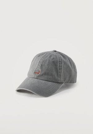 Gray baseball cap with curved brim featuring a small embroidered brown fox logo on the front left panel.