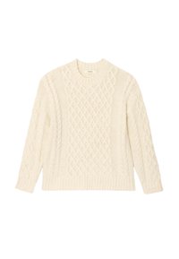 Pull tricoté couleur crème avec un motif torsadé, col rond, et poignets et ourlet côtelés. Texture douce, coupe décontractée.