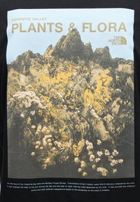 Μαύρο κοντομάνικο μπλουζάκι με γραφική παράσταση των βράχων και της χλωρίδας της κοιλάδας Yosemite σε κίτρινο και γκρι, με κείμενο πάνω και κάτω από την εικόνα.