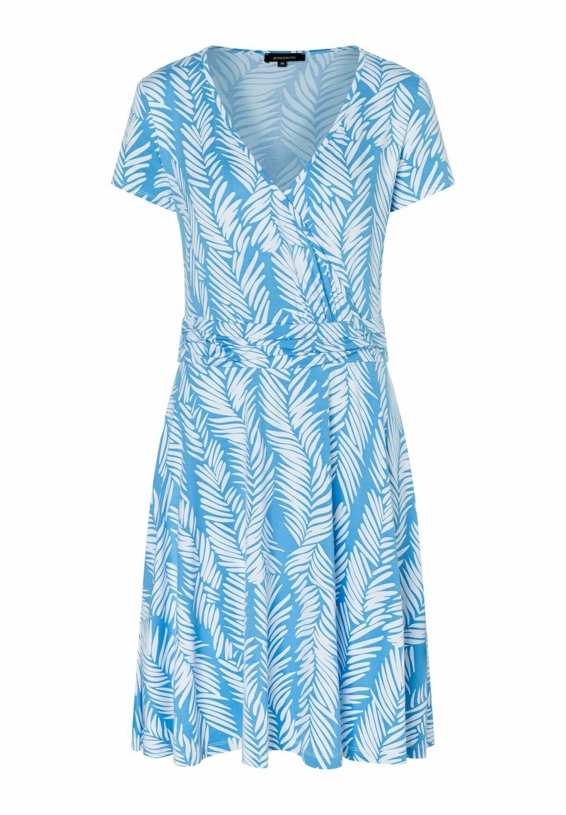 Robe portefeuille bleue à manches courtes avec motif feuilles blanches, taille ajustée, jupe longueur genou et décolleté en V.