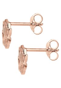 Rosaguld blomstformede stud øreringe med et tekstureret blomstermønster og en lige stiftbag. Detaljerede, symmetrisk petal-detaljer.