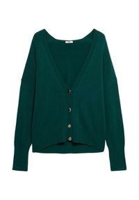 Cardigan verde lavorato a maglia con scollatura a V profonda, polsini a coste e cinque bottoni neri lungo il davanti. Texture morbida e vestibilità rilassata.