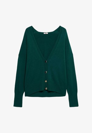 Groene, gebreide cardigan met een diepe V-hals, ribgebreide manchetten en vijf zwarte knopen aan de voorkant. Zachte textuur en een ontspannen pasvorm.