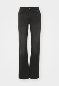 Black denim jeans with a straight cut, two front pockets, and a button closure. The fabric has a slightly faded texture.