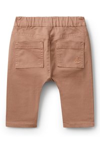 Světle hnědé bavlněné šortky s elastickým pasem, dvěma zadními kapsami a jemným výšivkou zajíce nad pravou kapsou.