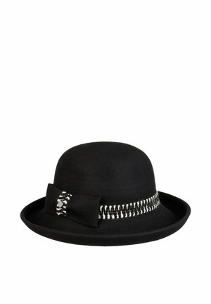 Black felt cloche hat with narrow brim, decorated with a black and white braided band and fabric bow on the side.