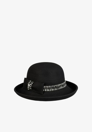 Black felt cloche hat with narrow brim, decorated with a black and white braided band and fabric bow on the side.