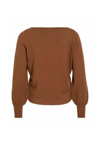 Pull marron à encolure large, manches longues avec des poignets froncés et une coupe décontractée. Confectionné en tissu doux et texturé.