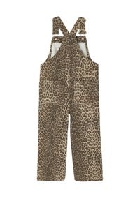 Leopard print overalls with wide legs, adjustable straps, two front pockets, and a soft textured fabric in brown and beige tones.