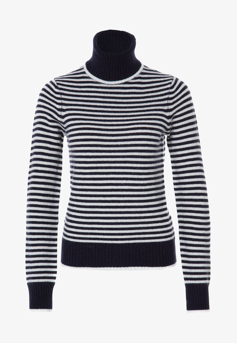 Pull à col roulé rayé horizontal bleu marine et blanc, manches longues, poignets et ourlet côtelés.