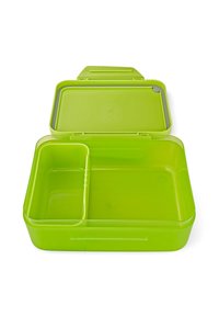 Green plastic lunchbox with two compartments, a secure lid, and smooth texture. Features a rounded shape and lightweight design.